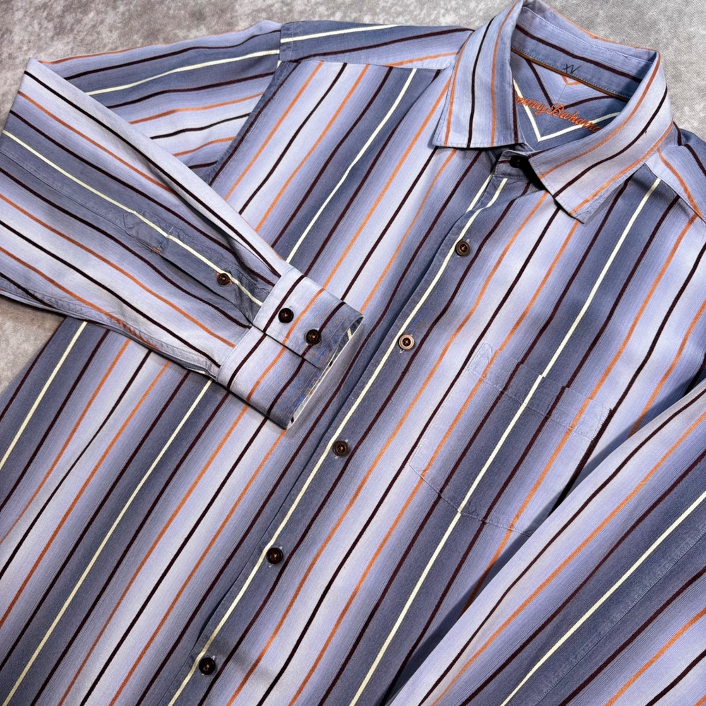 Tommy Bahama Mens Silk Long Sleeve Button Down Shirt Blue Orange Stripe Medium